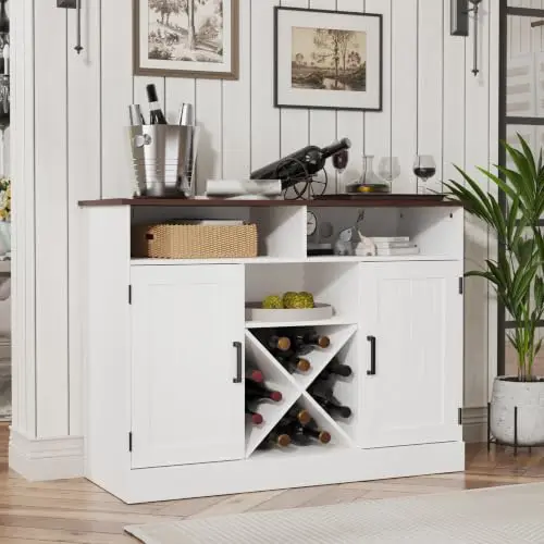 Farmhouse Coffee Bar Cabinet with Prower Outlets, Rustic Liquor Cabinet with Wine Rack, Wooden Wine Cabinet for Dining
