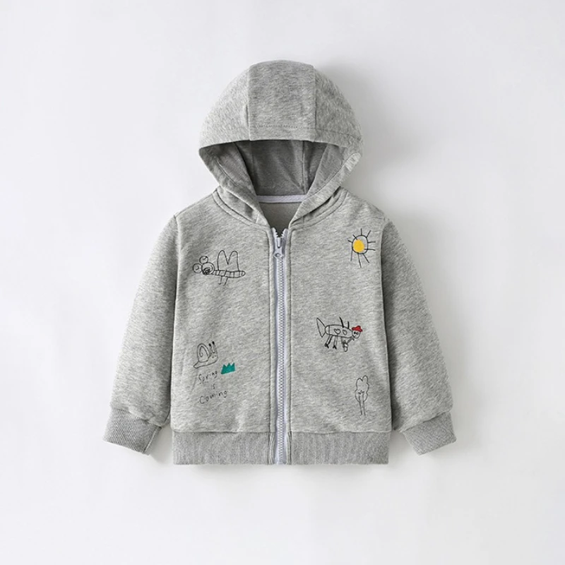 

2025 Autumn New Children's Simple Stroke Embroidered Pattern Hooded Casual Zipper Jacket