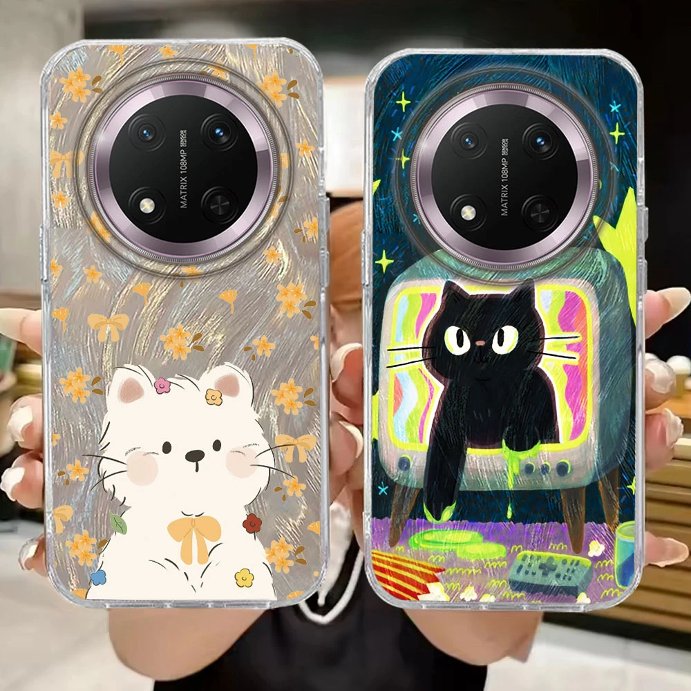 Für Honor X9c X9b X9a X8a X8b X6c X7c 400 200 90 Smart Pro Magic7 6 5 70 Lite Cartoon Schwarz TV Katze Blume Telefon Fall Mädchen Abdeckung