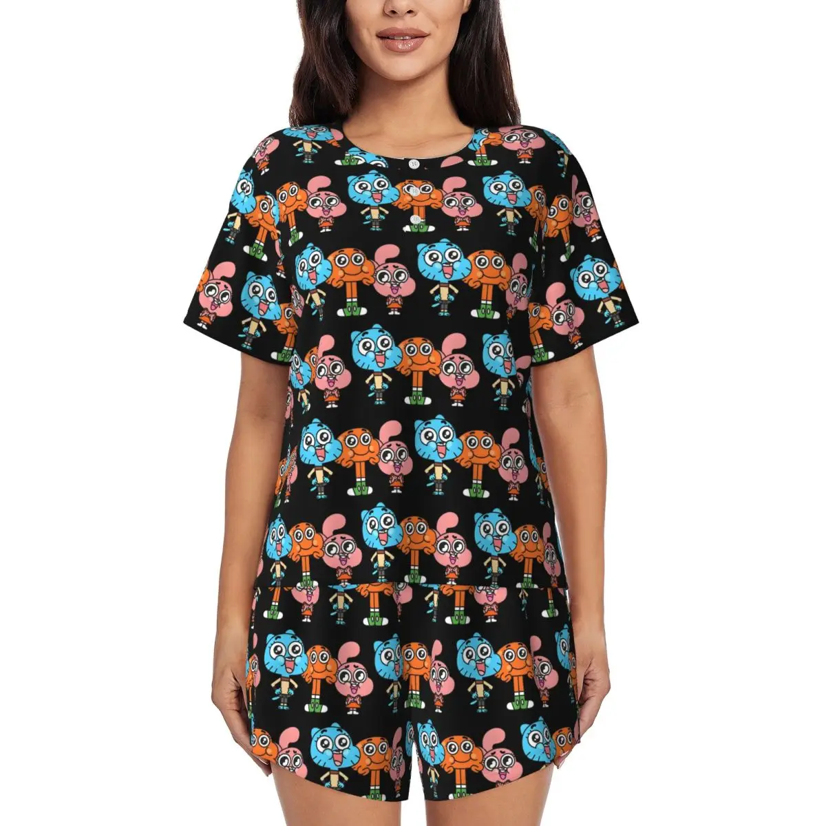 

Gumball And Darwin Game The Amazing Of Gumball Round Neck Short Sleeve Nightgowns for Sleeping Women Pajama Set Short Pants
