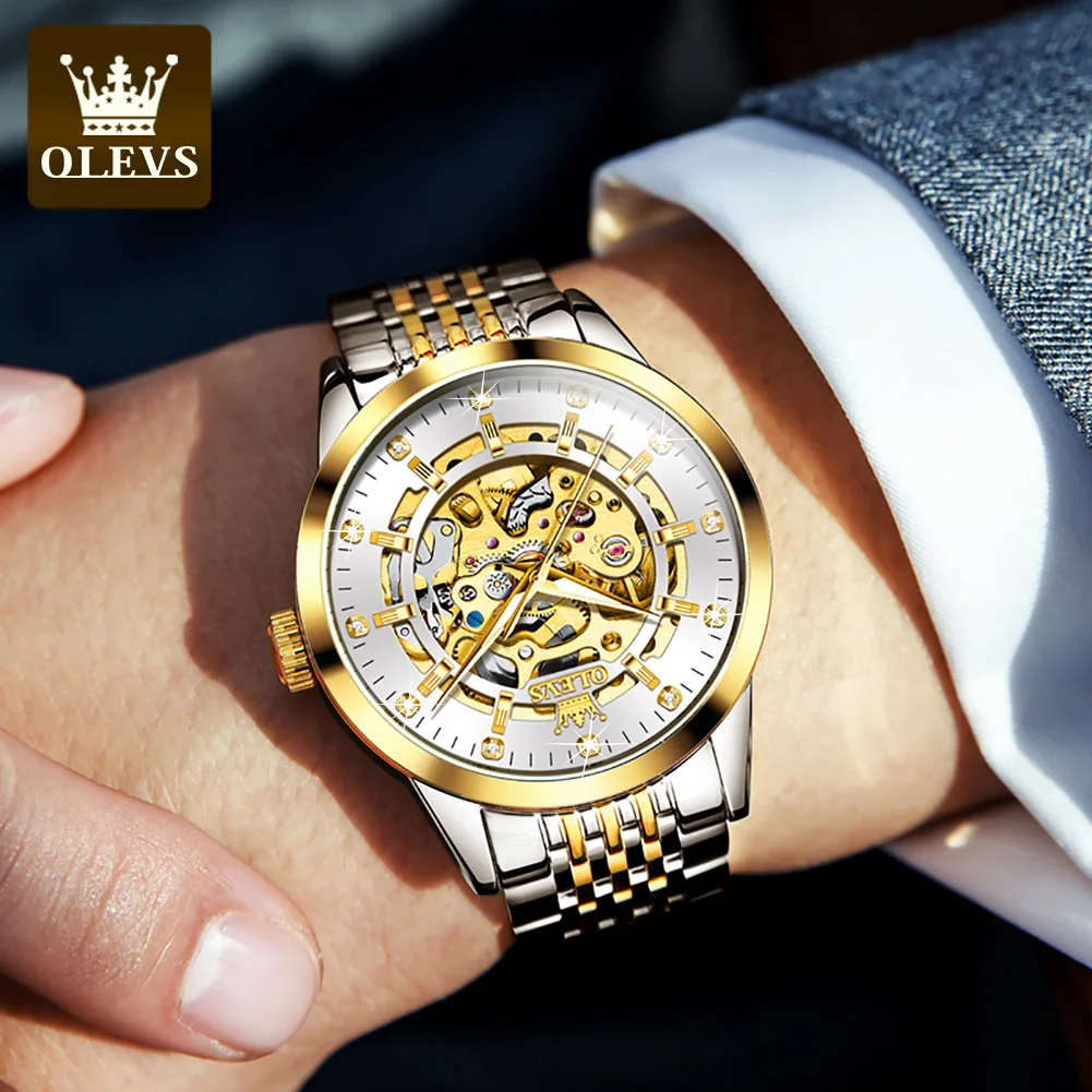 OLEVS Men\'s Watches Luxury Gold Skeleton Automatic Mechanical Wrist Watch for Man Waterproof Stainless Steel Luminous Business