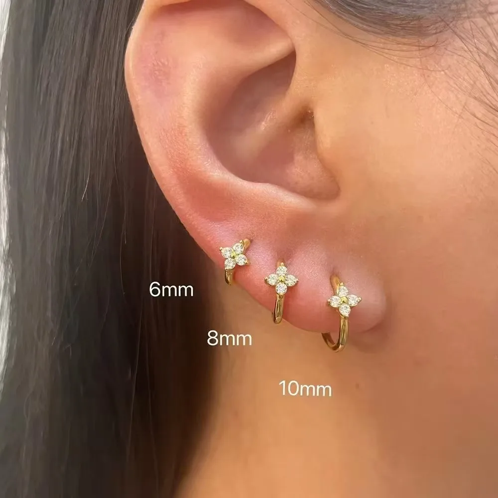 3PCS Simple 6/8/10mm Flower Zircon Hoop Earrings Set For Women Dainty Gold Plated Temperament Cartilage Huggie Piercing Jewelry