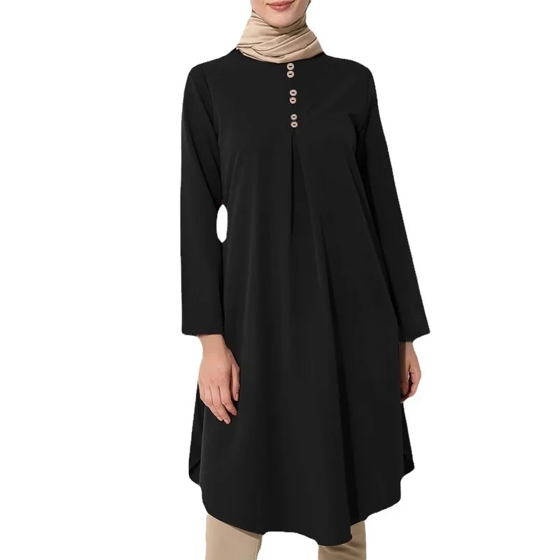 Solid Button Dress for Women Long Sleeves Abaya Dubai Islam Muslim Dress Women Temperament Abayas Kaftan Musulmane Femme Vestido