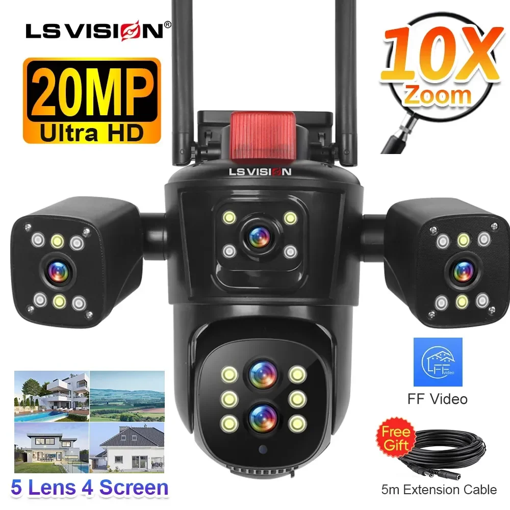 LS VISION 20MP quatre écrans WiFi caméra IP sans fil extérieur 10X Zoom optique cinq lentilles PTZ suivi automatique caméra de vidéosurveillance étanche