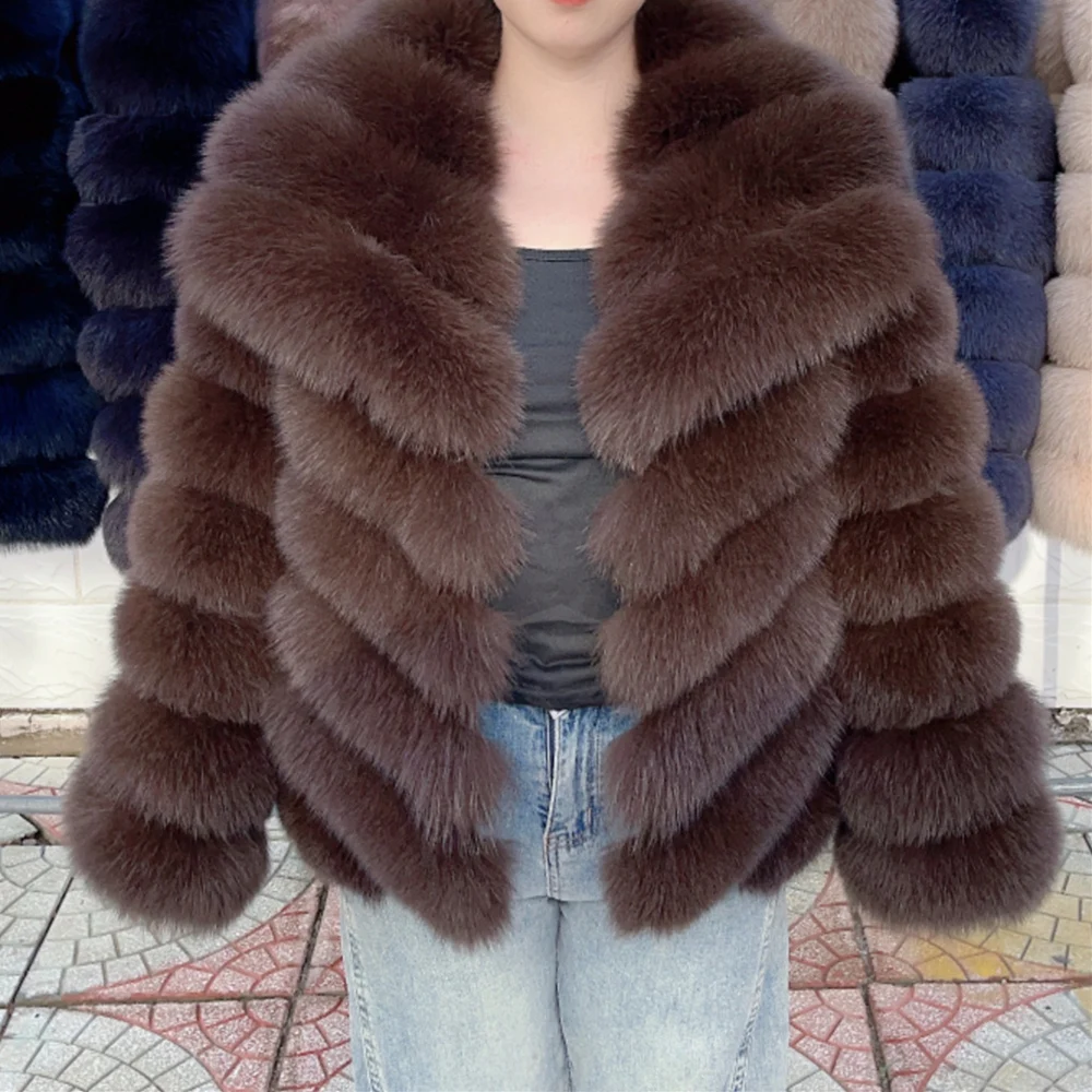 QUEENTINA Winter New Women's Real Fox Fur Coat With Collar Overcoat Leather Female Natural Plus Size