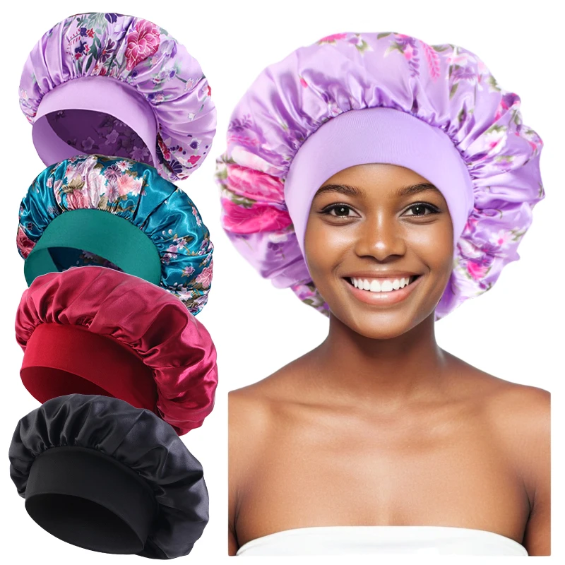 4 TEILE/LOS Satin Breite Krempe Floral Schlummertrunk Motorhaube Haar Wrap Nacht Schlafen Schlaf Kappe Elastische Weiche Band Haarpflege Dusche hut – Detail 14