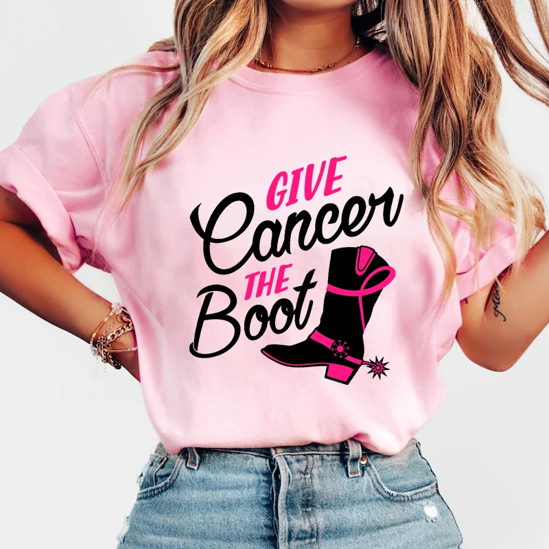 New Breast Cancer Awareness Give Cancer The Boot Print Short Sleeves Fashion Round Neck Men Woman T-Shirt Summer Casual Tees