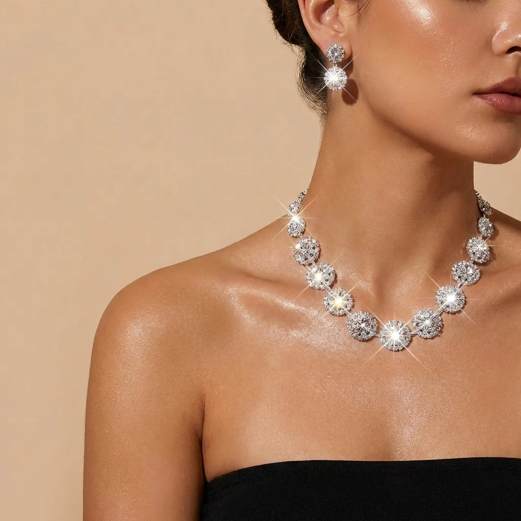 New light luxury simple diamond-encrusted flash necklace set, exquisite and high-end women's party earrings