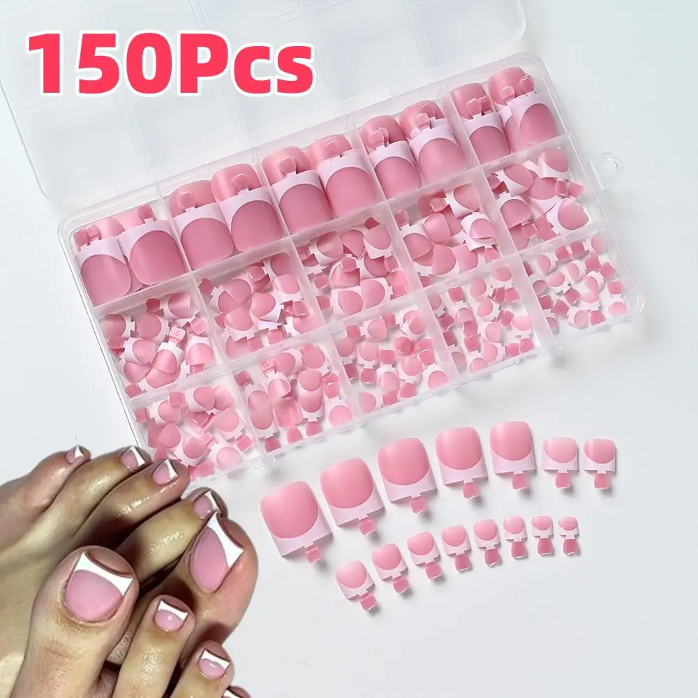 150Pcs Pink White French Press On Toenails 15-Sizes Short Square Fake Toe Nails White Edge Design Wearable False Foot Nail Tips