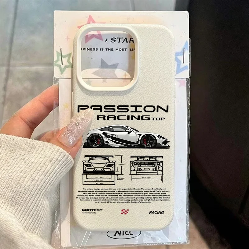 Coque de téléphone en silicone souple avec texture litchi et design voiture de course Passion pour iPhone 17 16 15 14 13 12 11 Pro Max 17 Air Plus