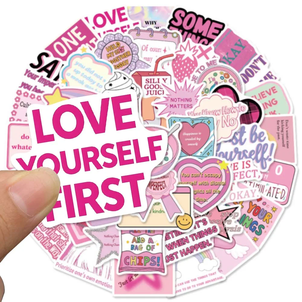 50 Pcs Pink Anti Anxiety Slogan Stickers Coquette Soft Ins Punk Decals For Planner Suitcase Phone Shell Cup Wall Decor