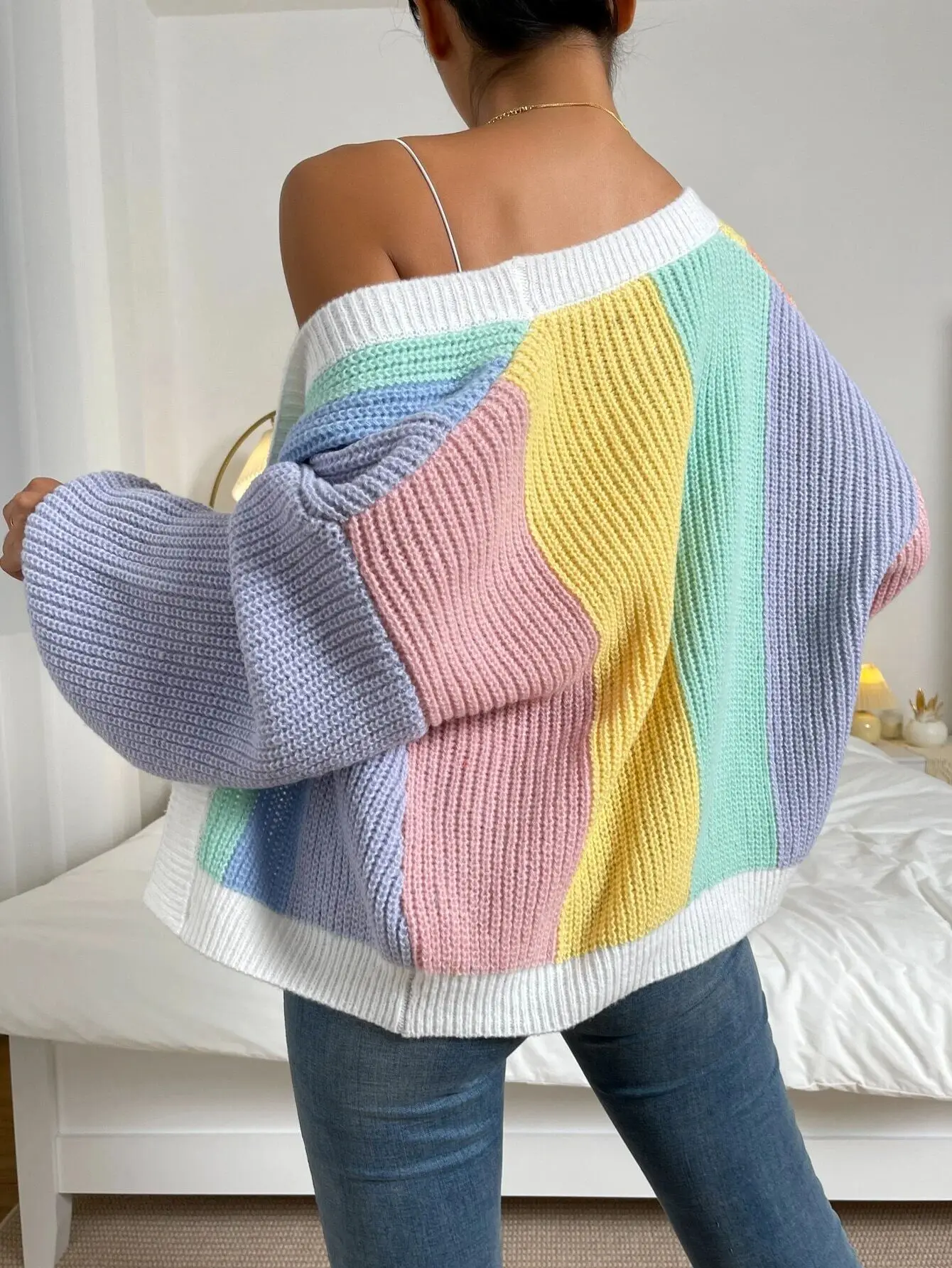 Women's Rainbow Stripe Panels Fashion Knitted Long Sleeve Cardigan Sweater Autumn Chic Casual Laid-back Harajuku Oversized Top