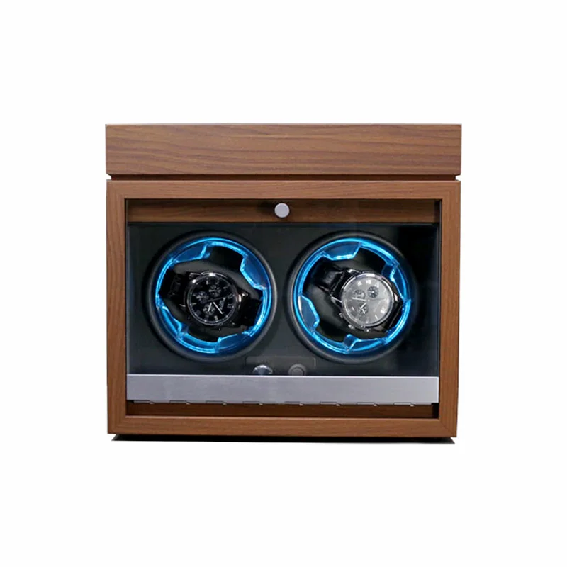 Automatic Watch Winder Black Walnut Wooden Upright 2 Epitopes Blue Light Multi-Functional Desktop Storage Open Cover Stop