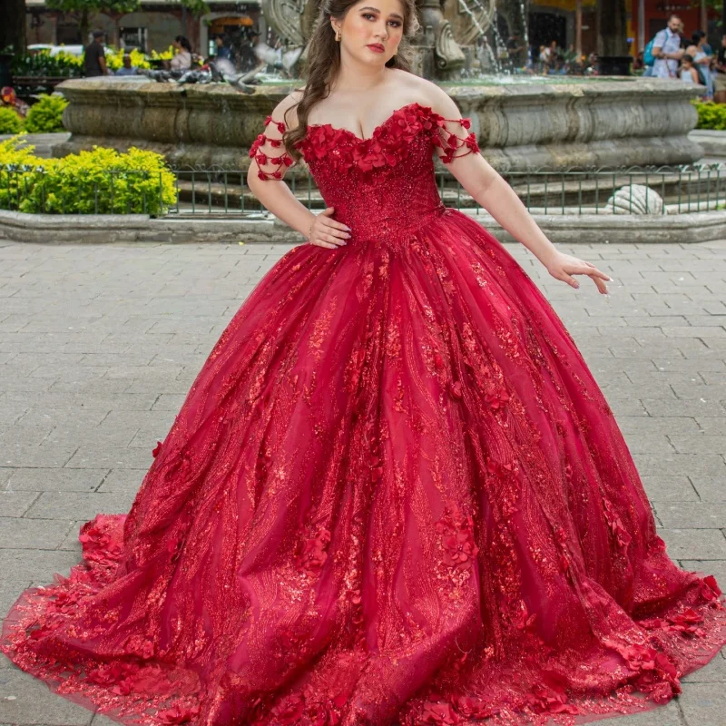 

Shiny Red Quinceanera Dresses Off the Shoulder Crystal Decal 3D Flower Long tail Vestidoe 15 Quinceanera Customize