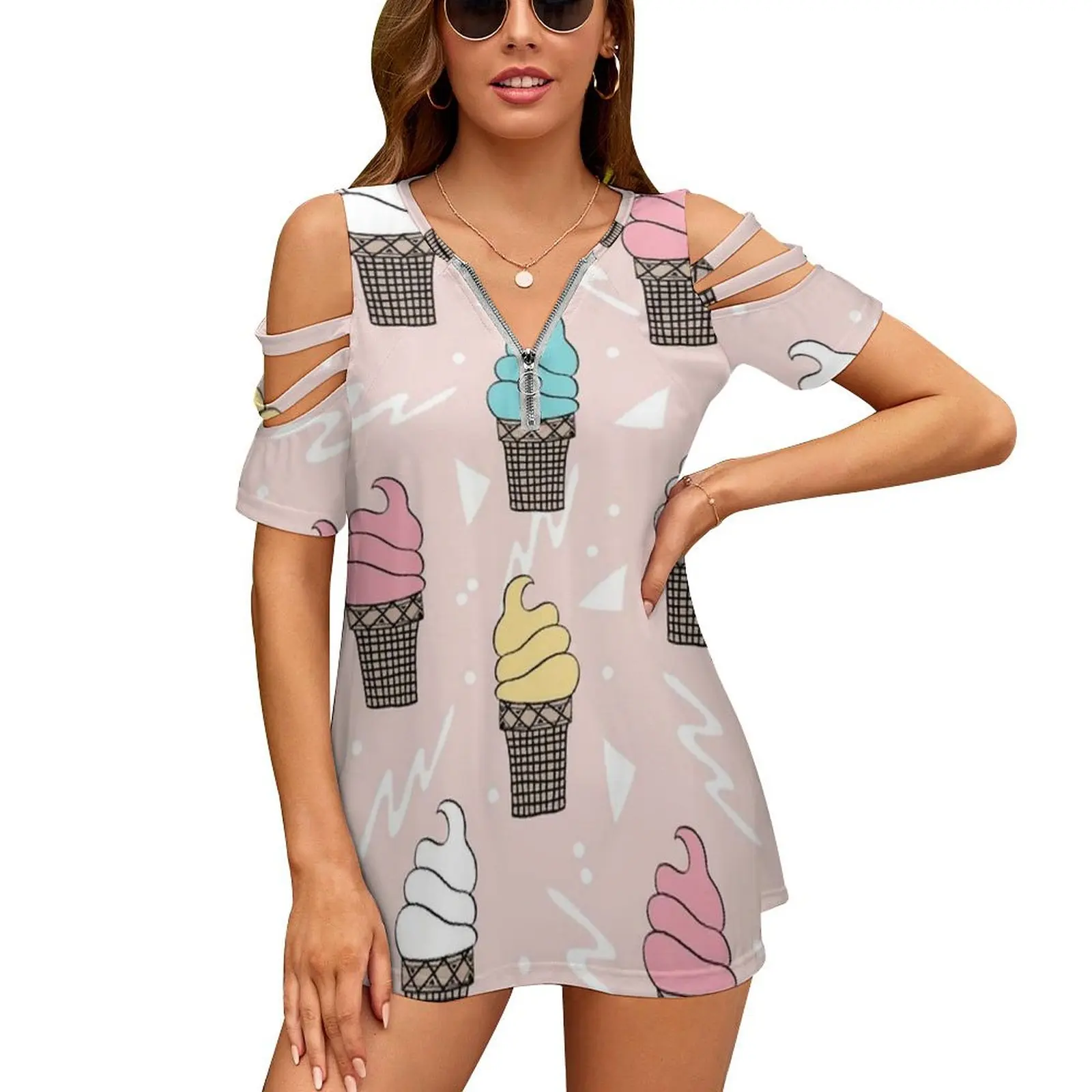 Ice Cream Sweet Treat Dessert Pattern By Andrea Lauren Women Zipper Sexy Printed Vintage T Shirts Tops Full Print T-Shirt Ice