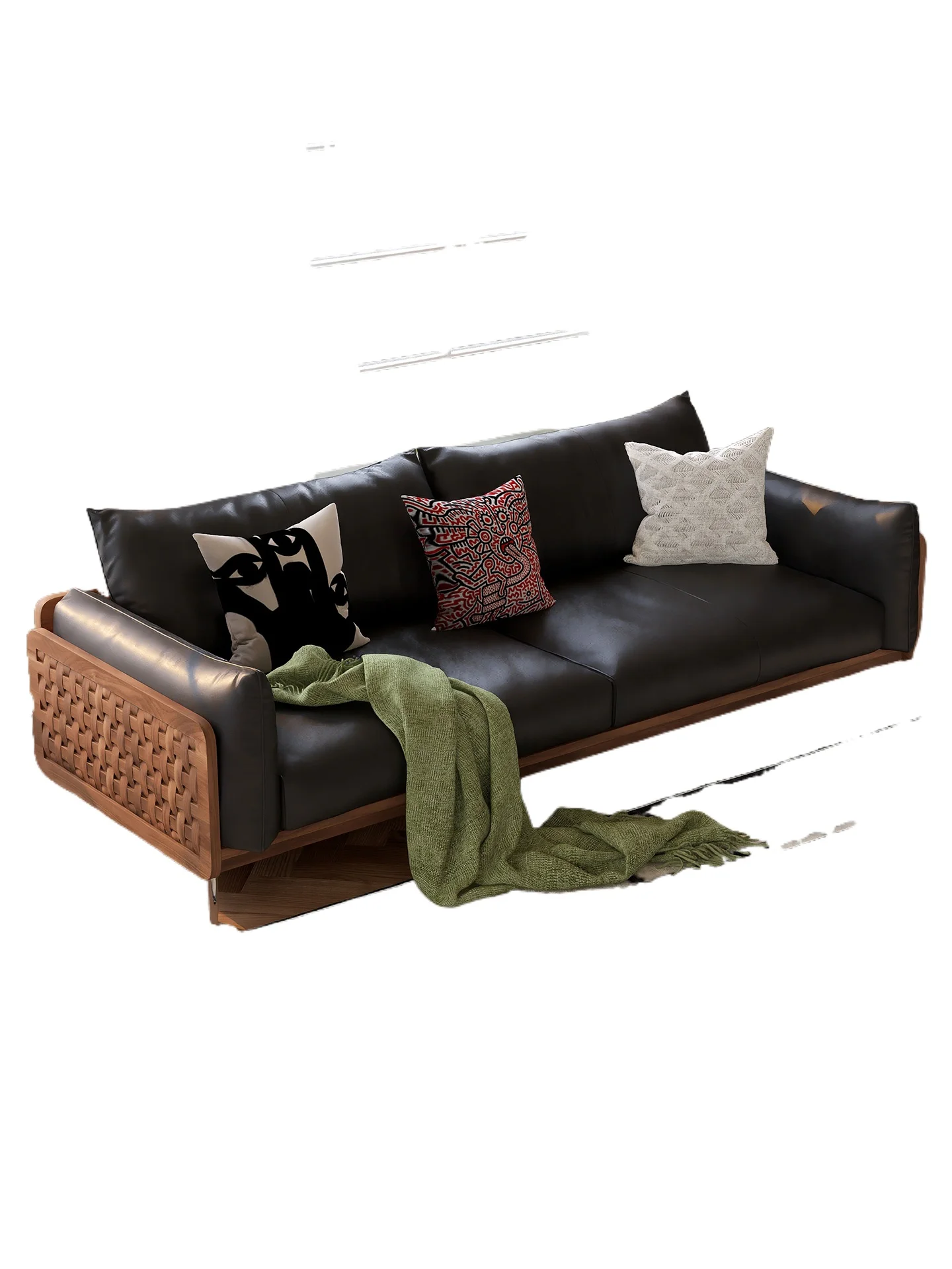 

Retro style Mori solid wood sofa medium and small apartment living room three-person straight row walnut leather sofa