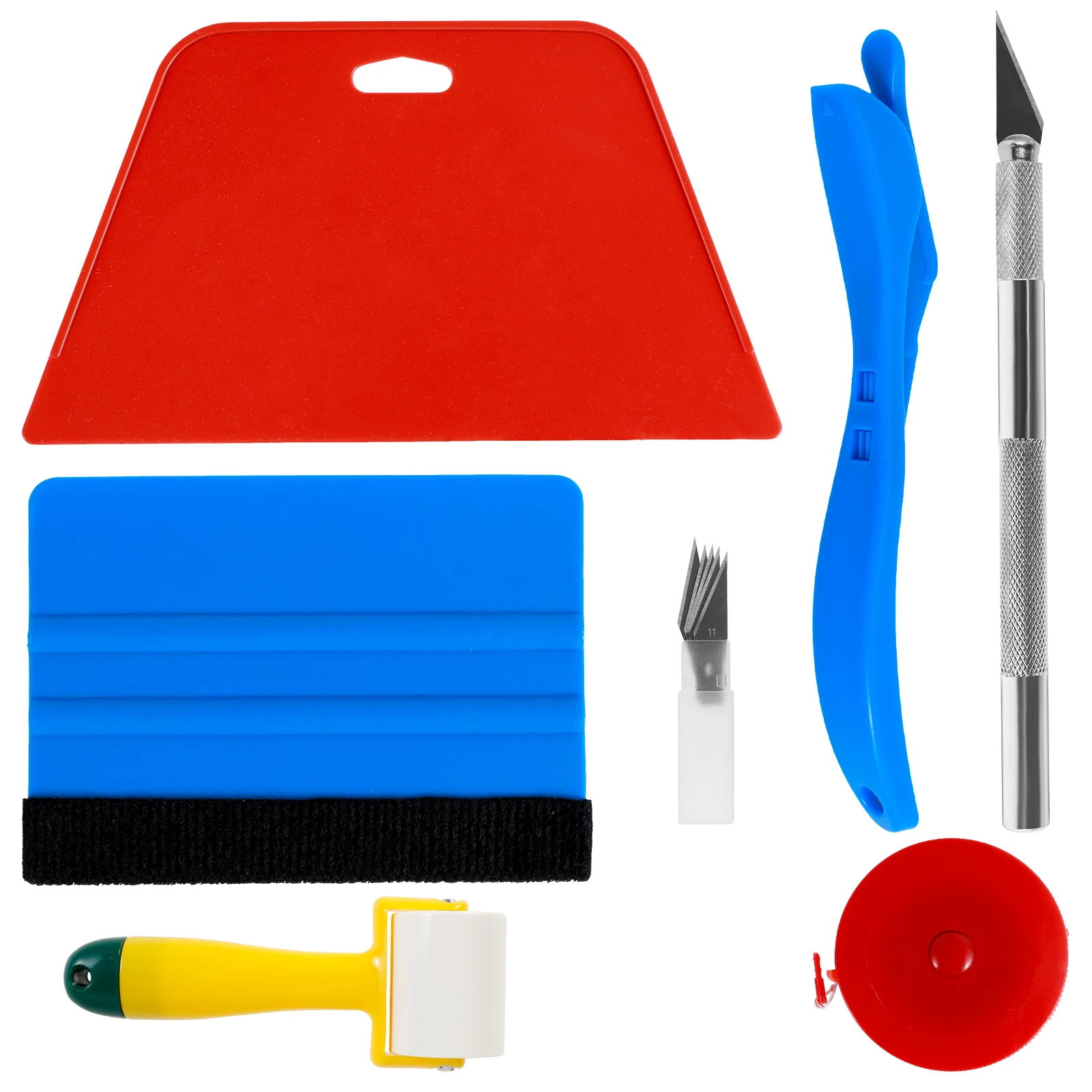 

Набор из 11 инструментов для разглаживания обоев и пленок: валик для швов, рулетка, скребок для оконной пленки, винила и обойной бумаги