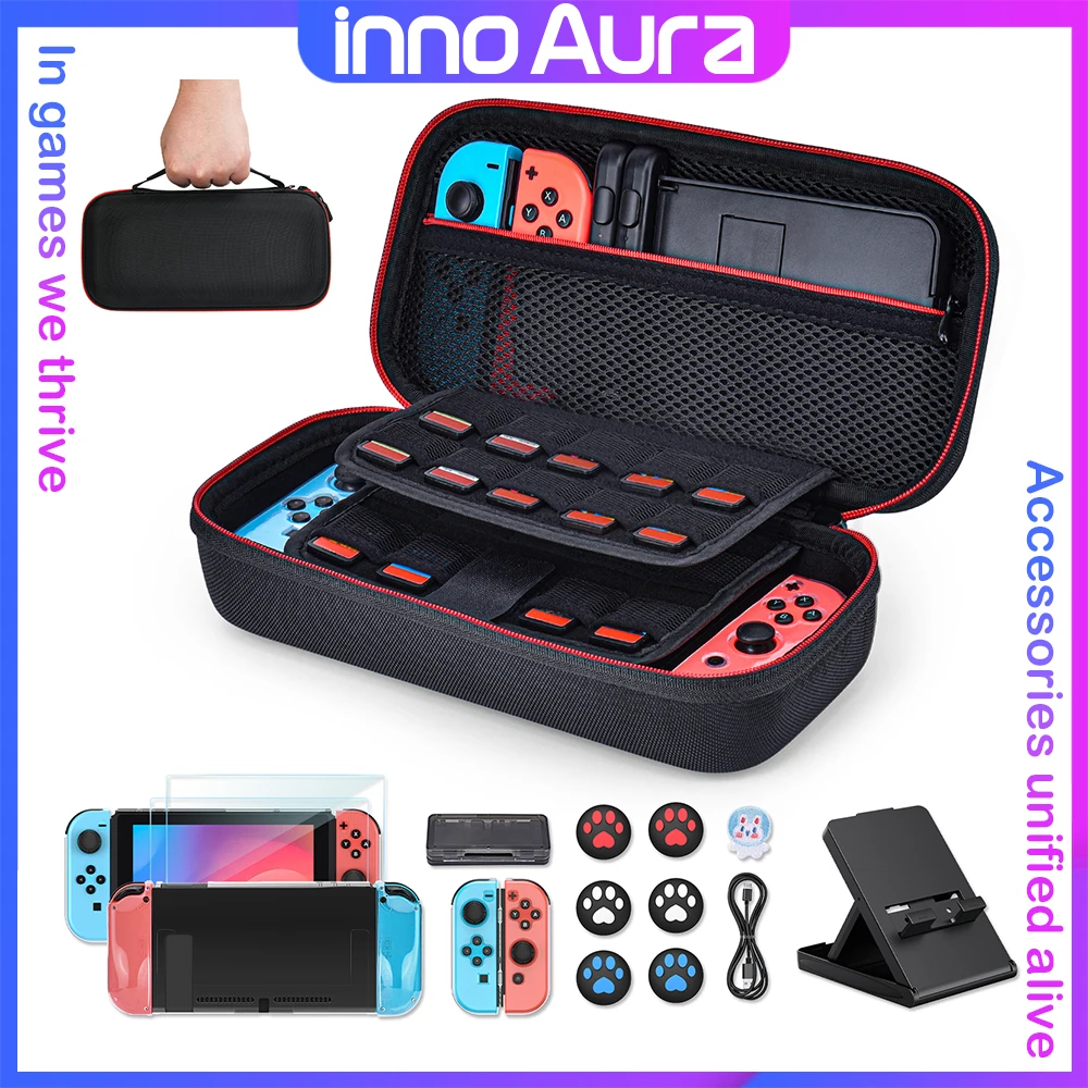 innoaura NS Switch Accessories with Switch Carrying Case, Console and J-Con Protective Case, Screen Protector, Adjustable Stand