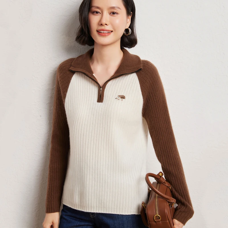 

Women 30% Cashmere 70% Wool Elasticity Sweater Mock Collar Contrast Pullover Autumn Winter Cashmere Knitwear Basis Clothing Top