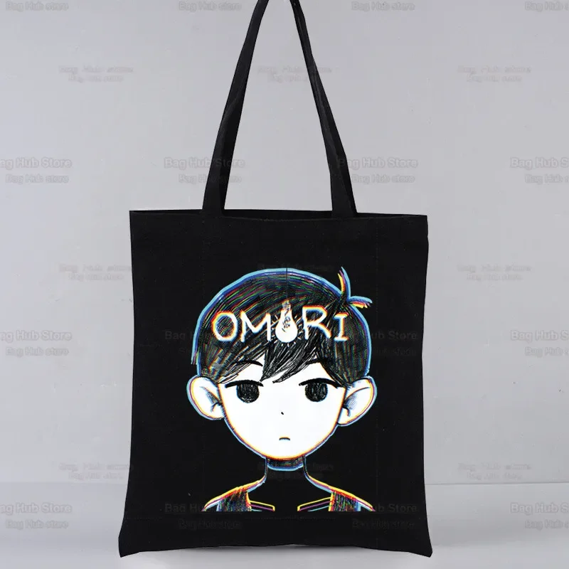 Omori Game Cartoon Manga Kawaii Canvas Tote Black Bags Harajuku Casual Female Girl Tote Eco Shopper Shoulder Bags