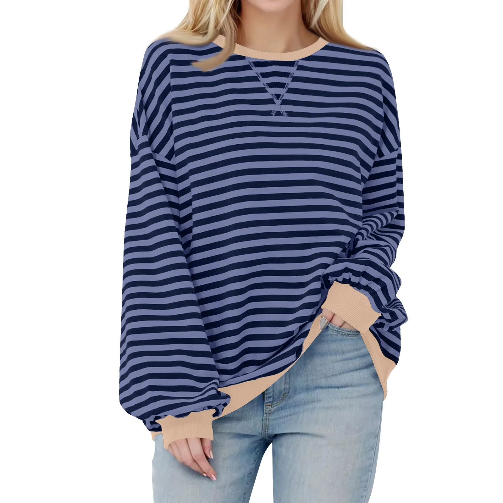 여성 의류 Women\'s Oversized Striped Color Blocking Long Sleeved Round Neck Sports Shirt Casual Loose Fitting Pullover Shirt Top