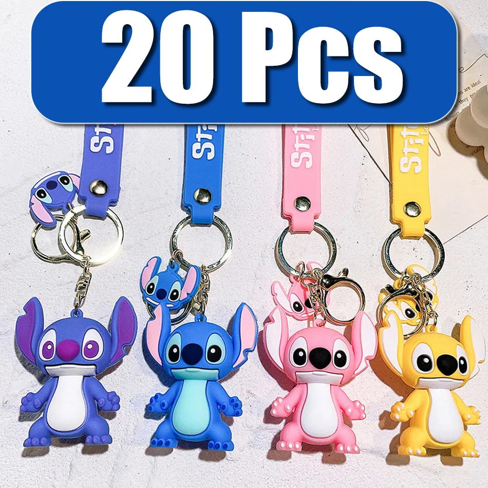 Juego de 5 llaveros de Disney Stitch para 20 piezas, figuras de juguete, bonitos llaveros de personajes de dibujos animados, llaveros colgantes, regalos de cumpleaños para niños