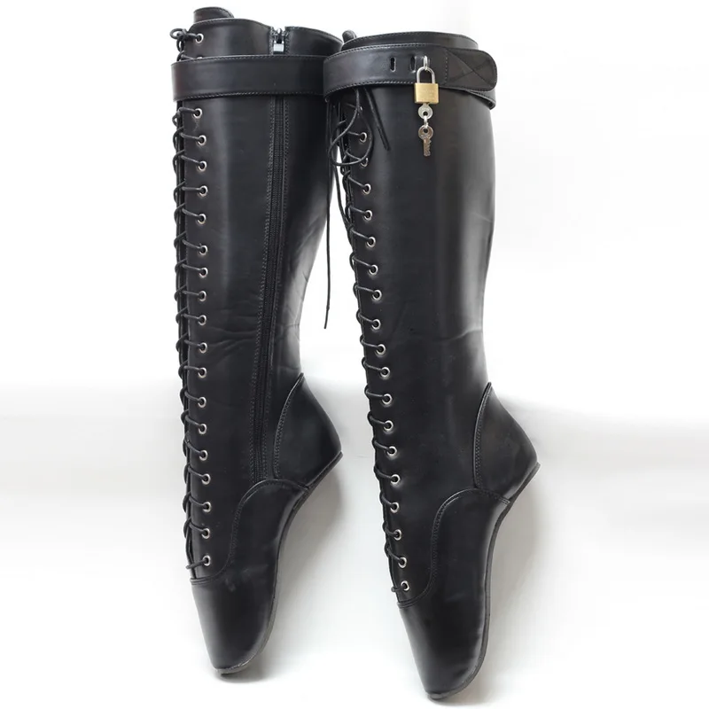 Caca 2023 Fetish Hoof Heelloze Dames Knie Hoge Balletlaarzen, Heren Cosplay Schoenen, Afsluitbare Band Botas,18Cm, Perzik, Zwart, Dropship