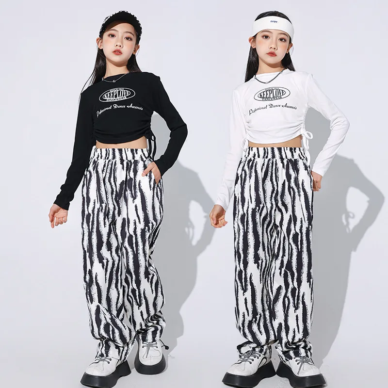 Ropa de Hip Hop para niños, traje de baile de Jazz para niñas, manga larga, Tops cortos para adolescentes, pantalones holgados, trajes de rendimiento