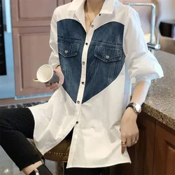 Fashion Denim Splicing Long Sleeved Shirt Women's Blouse Mid Length Elegant Spring Summer Autumn Shirt 2024 New Denim Outerwear