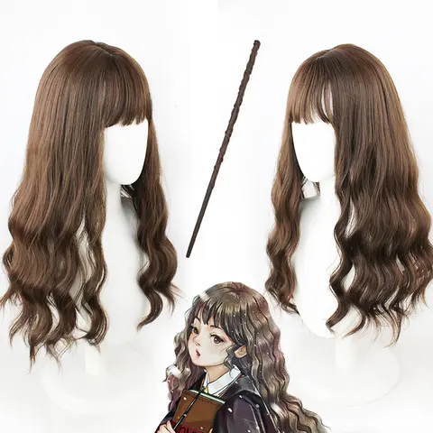 Hermione Jean Granger Cosplay Wigs Long Brown Wavy Curly Heat Resistant Synthetic Hair Cosplay Costume Wigs