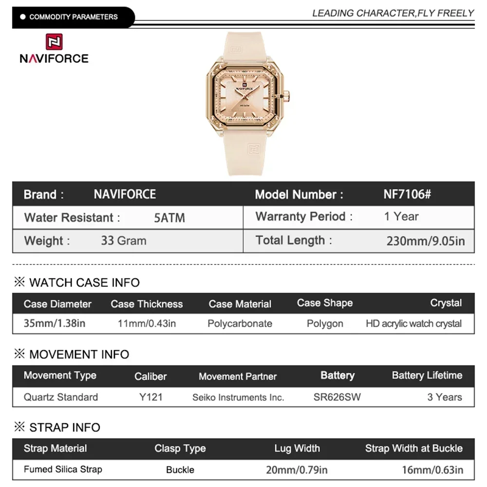 NAVIFORCE NF7106 Women Watch Top Brand Luxury Waterproof Original Lady Girl Silicone Rubber Bracelet Female Clock