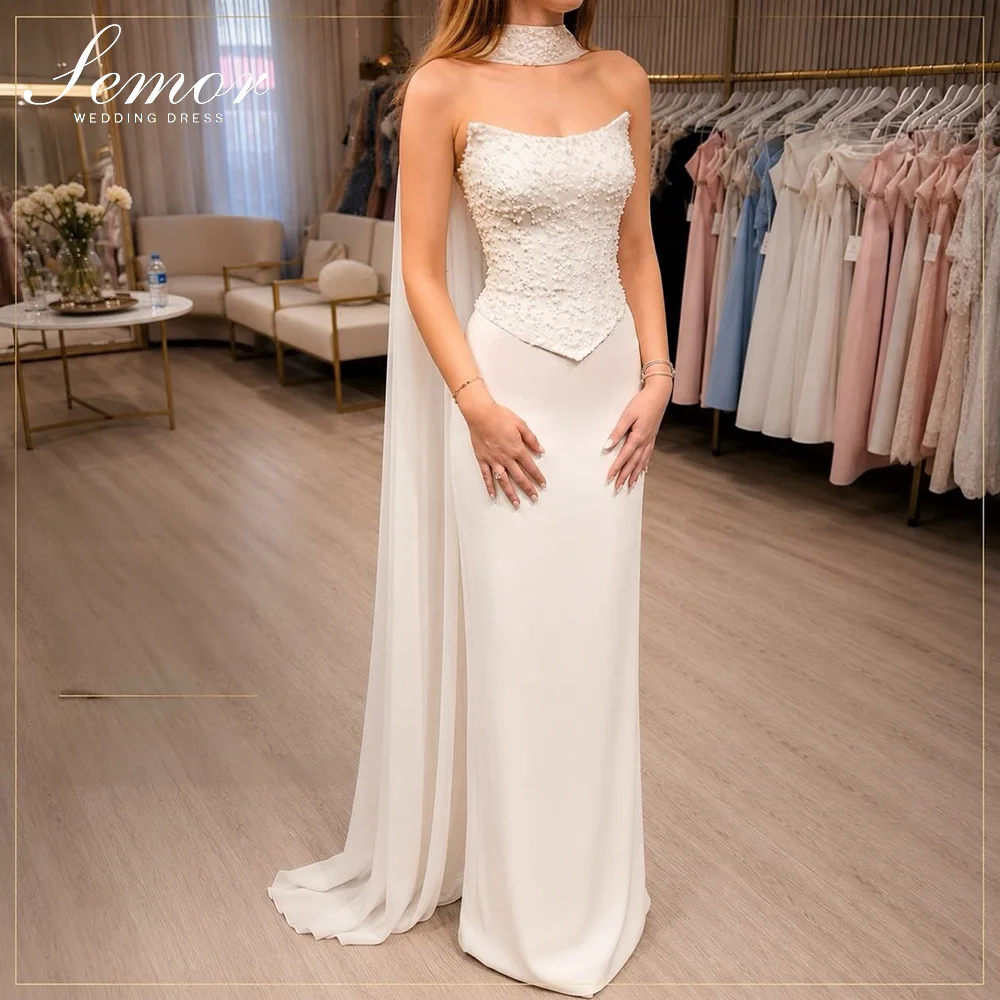 Semor Customized White Stain Wedding Dresses Elegant Mermaid Beading Corset vestido de novia With Scarf Floor-Length vestido