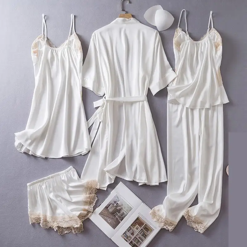 White Lace Sleepwear Women 5 Piece Set Spring Satin Bathrobe Nightgown Sleep Suit Homewear Kimono Pajamas Nightdress Loungewear