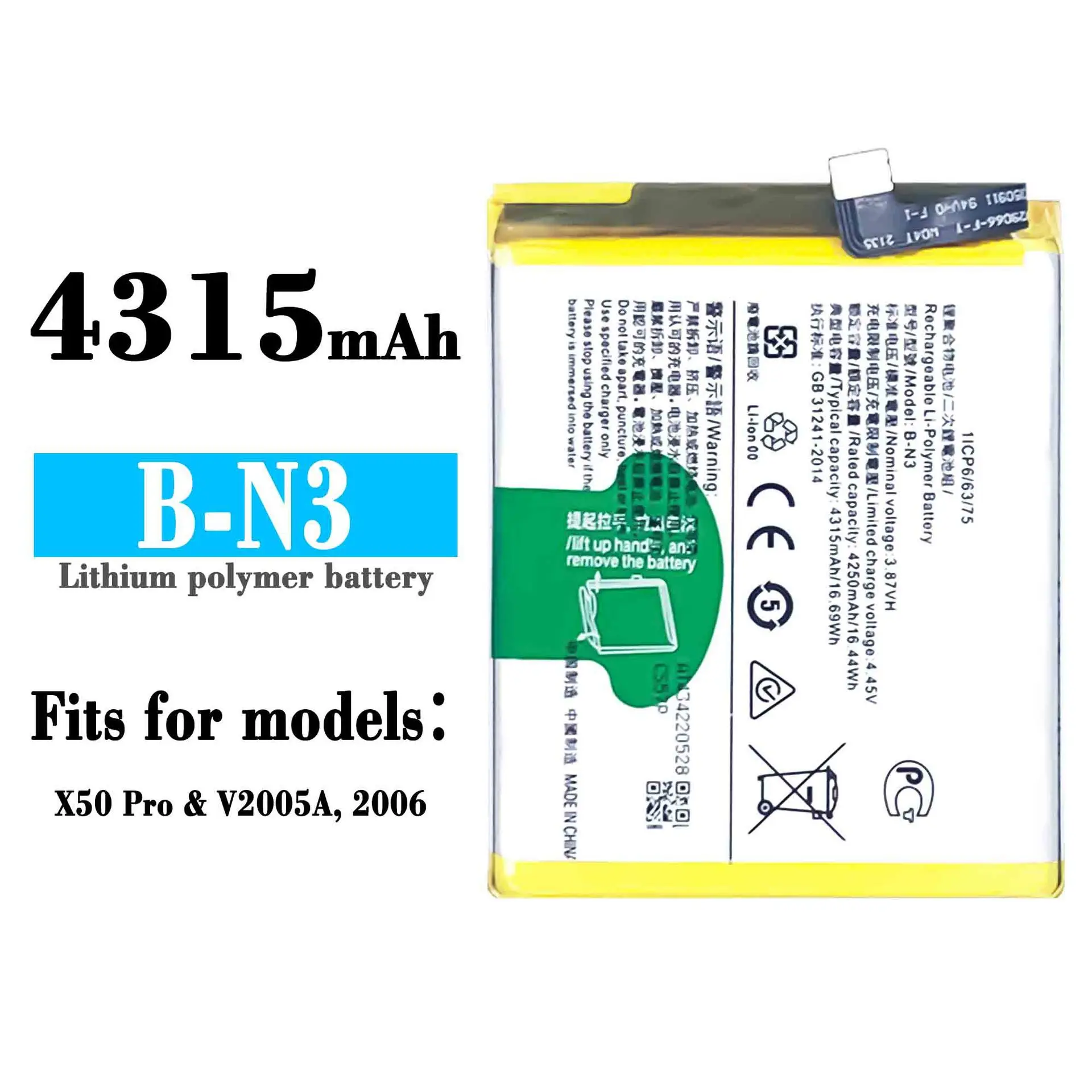 B-N3  High Quality Replacement Battery For VIVO X50 Pro 2006 V2005A B N3 4315mAh Mobile Phone Board Built-in Batteries