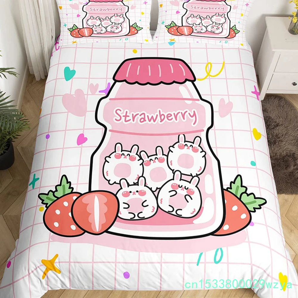 Cartoon Rabbit Duvet Cover Sweet Strawberry Milk Bedding Set,Cute Animals Fruits Comforter Cover Lovely Pink Stars Quilt Cover