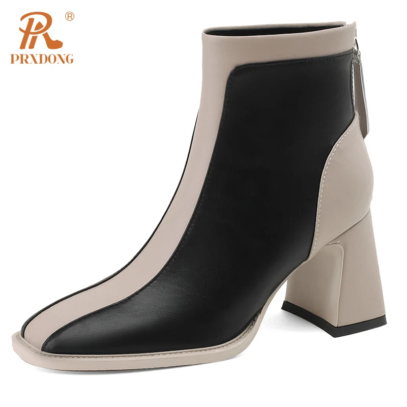 PRXDONG Genuine Leather Autumn WInter Warm ANkle Boots Square Heels Black Brown Zipper Dress Party Office Lady Shoes Size 34-39