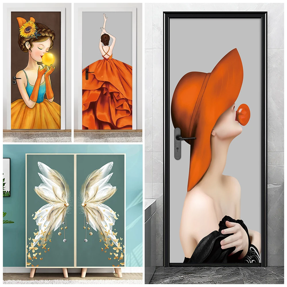 Light Luxury Style Cartoon Girl Door Stickers for Living Room Bedroom Elevator Cabinet Door Cover Removable Decorative Stickers