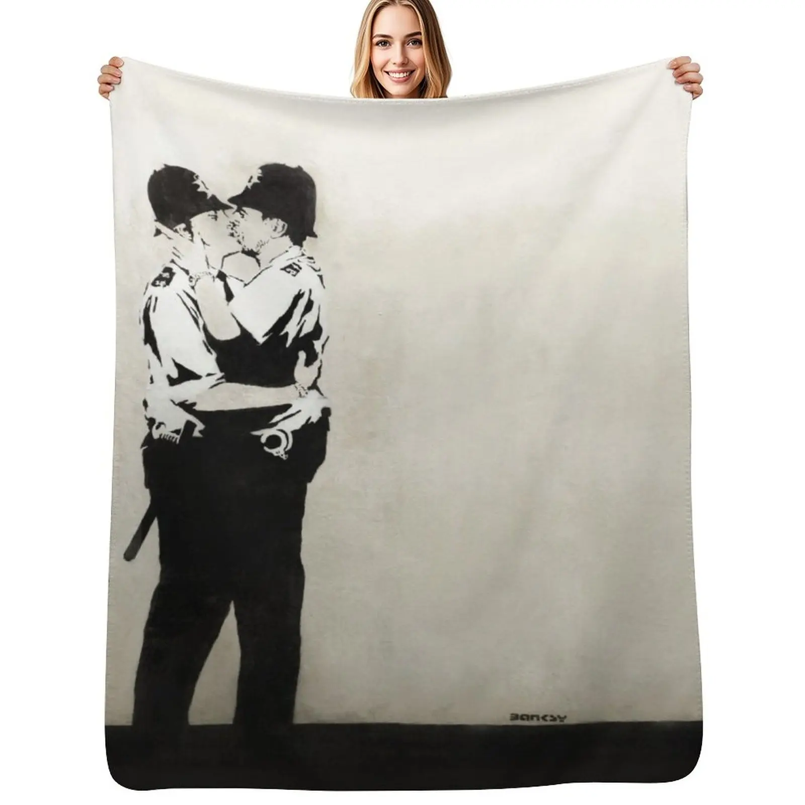 Banksy UK Cops graffiti England coppers kissing LGBT HD Throw Blanket for sofa Bed Furrys funny gift Large Blankets