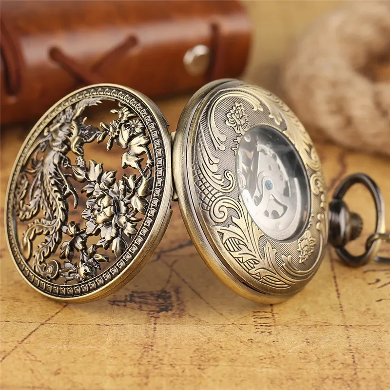 Retro Hollow Out Phoenix Pocket Watch Men Women Automatic Mechanical Watches Copper Skeleton Clock with FOB Pendant Chain Gift