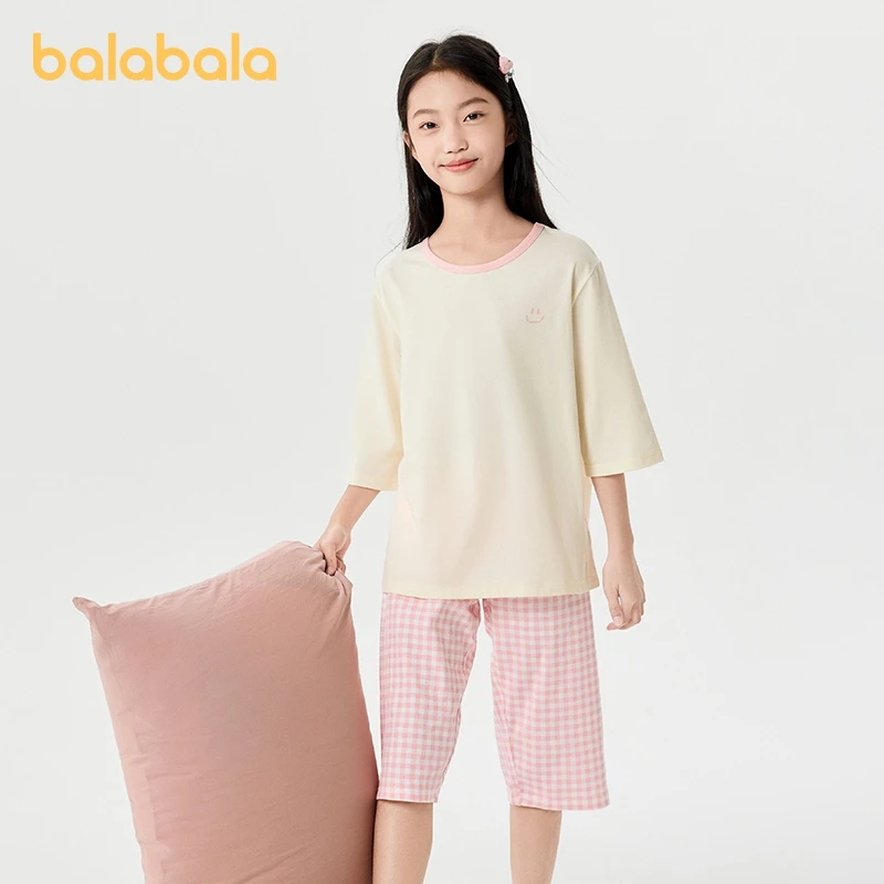 Balabala Children Pajama Sets Boys Girls 2024 Summer Air-conditioned Clothing Pure Cotton Home Wear Simple and Comfortable