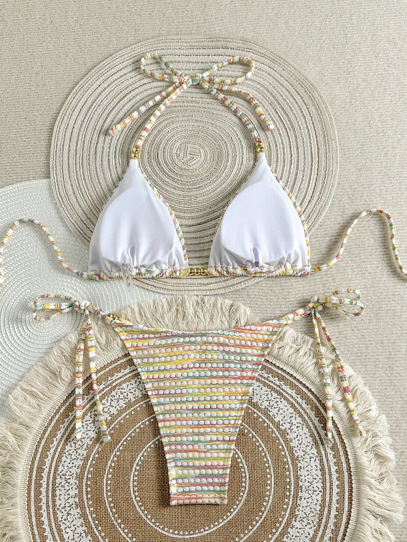 

Multicolor Striped Beaded Halter Neck Bikini Set For Beach Vacation Summer