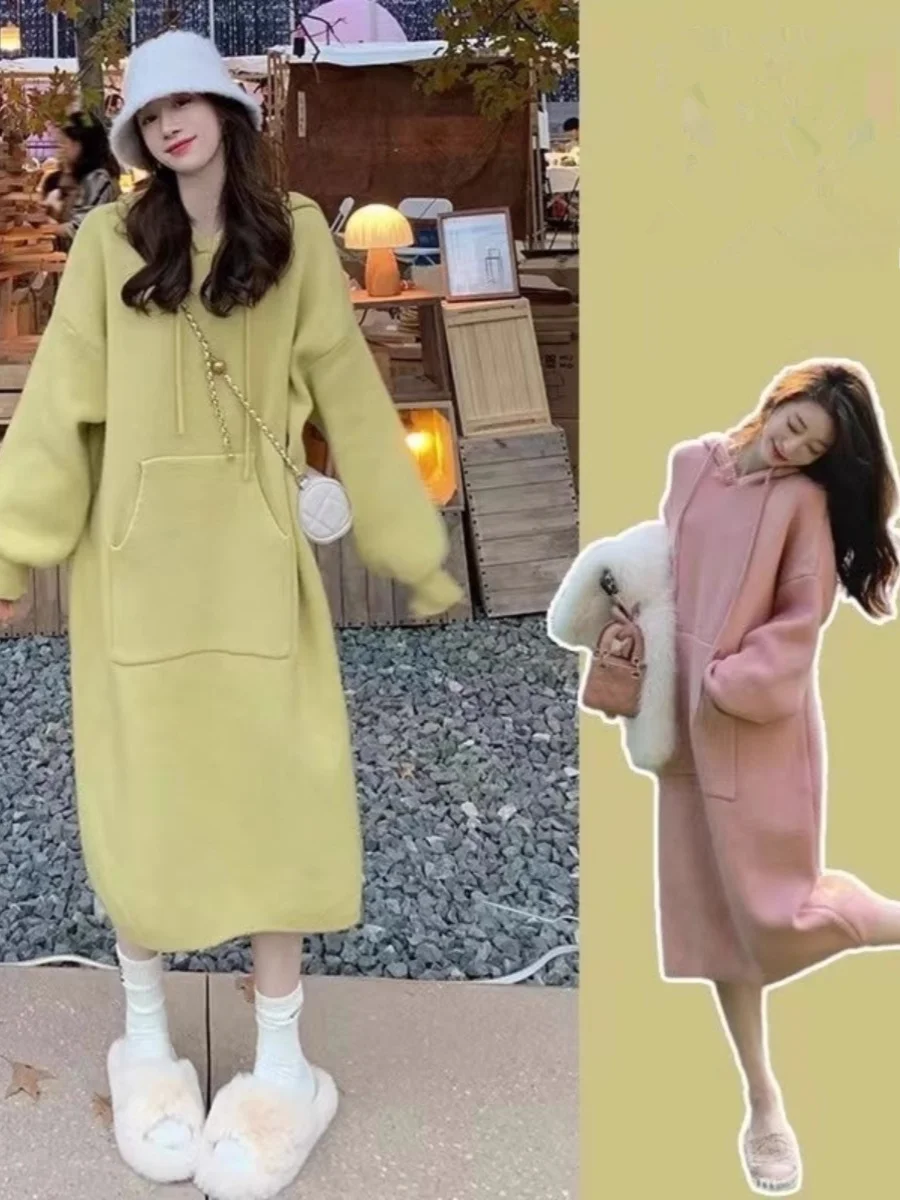 

Knee-Length Knitted Sweater Dr Women's Loose Fit Thiened Long Hoodie Dr Autumn Winter Korean Sle Commute Faion