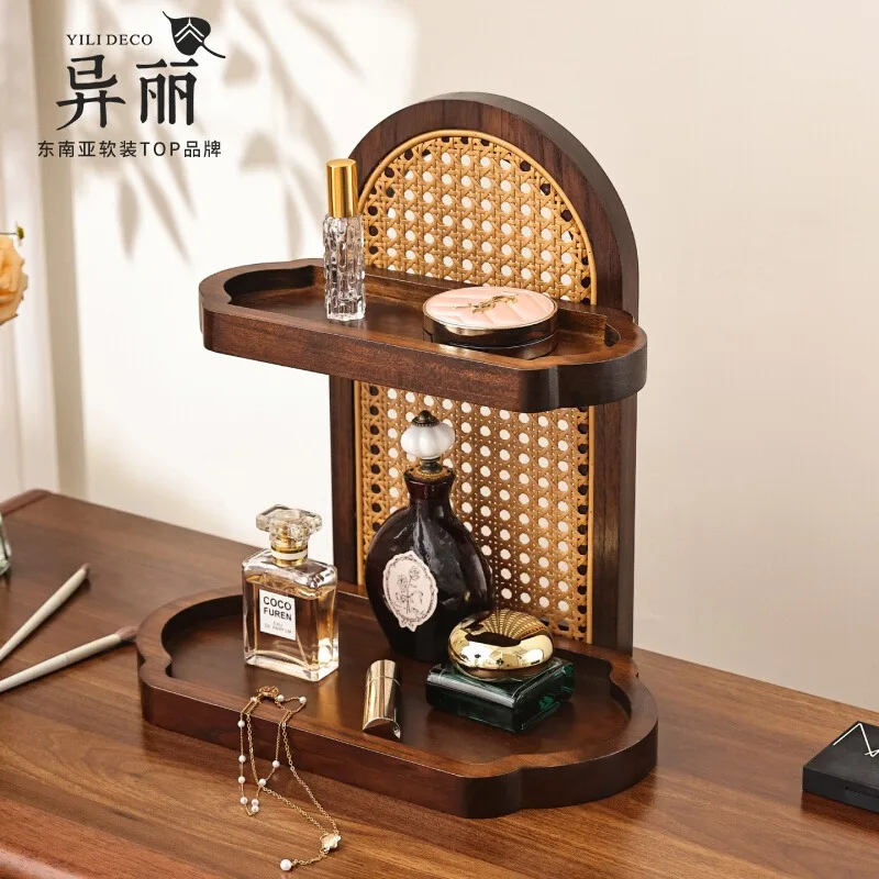 

Винтажный настольный органайзер из цельного дерева, многослойная полка для хранения макияжа для губной помады, парфюмерии, ухода за кожей, подставка для хранения