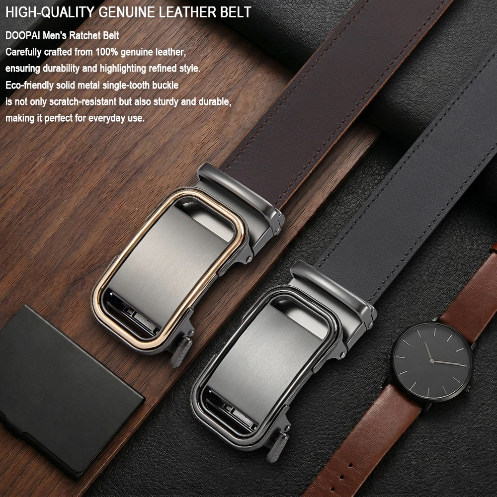 High Quality Genuine Leather Men’s Belt, Adjustable Ratchet Automatic Buckle, Black/Brown Cuttable Business Casual Belt