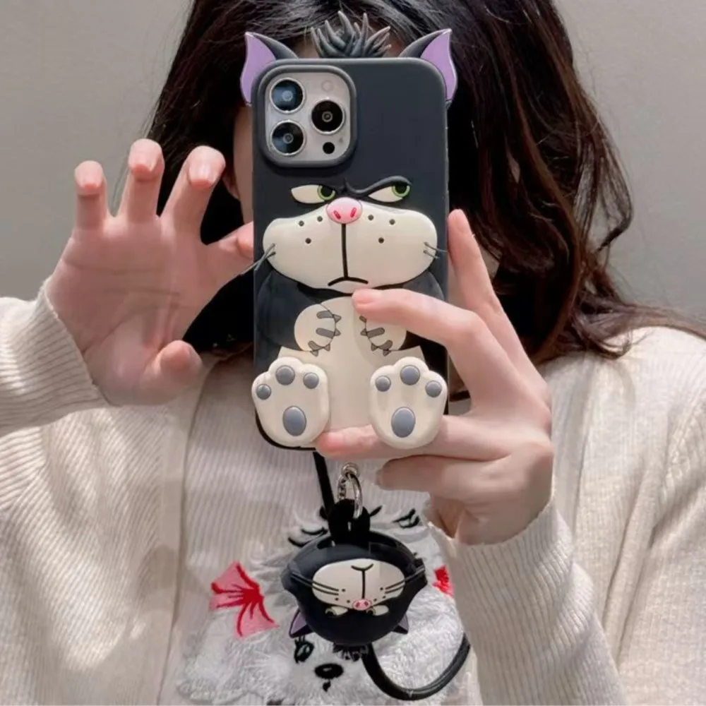 3D Lucifer Cat Disney Stretching feet Cover For iPhone 11 12 13 14 15 16 Pro Max With Lanyard Cute Cartoon bracket Case