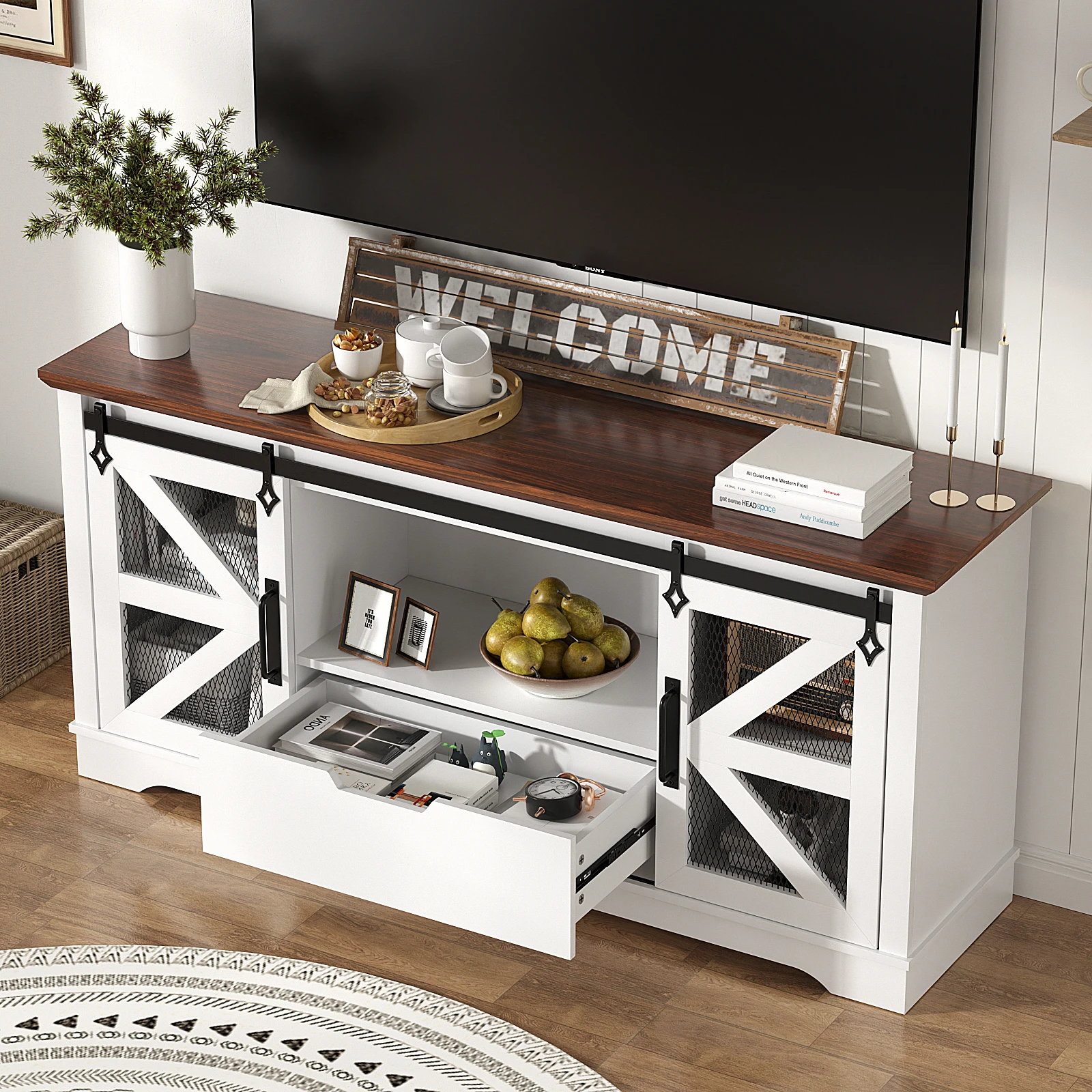Modern TV Stand for TVs up to 60’’, Entertainment Center w/1 Drawer & 2 Storage Cabinets, Large Media Console Cabinet image 2