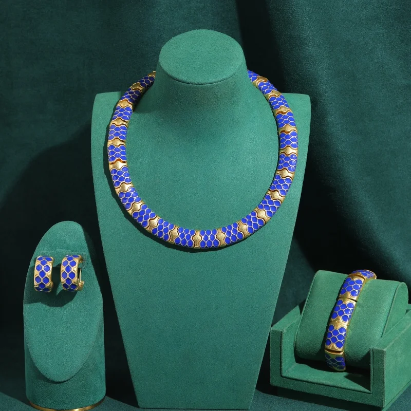 Vintage Blue Enamel Snake Pattern Jewelry Sets Luxury Natural Stone For Woman Necklace Earrings Bracelet Brands Wedding Party
