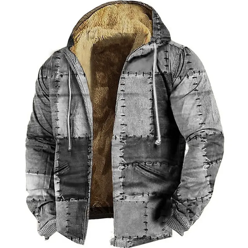 Chaqueta de forro polar para hombre, Abrigo con capucha y cremallera, Parka con estampado de trapos de costura de estilo antiguo, abrigos acolchados