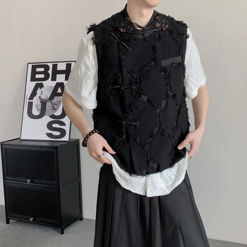 PFNW Niche High-end Chinese Style Tassel Chinese Knot Button Men's Vests Oversized Black Jacquard Sleeveless Vest Jacket 12C1217