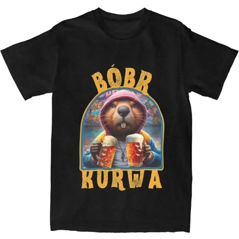 's Beaver Bobr Kurwa Drinking Beer T Shirt Apparel Funny Bober Bobrze Mem